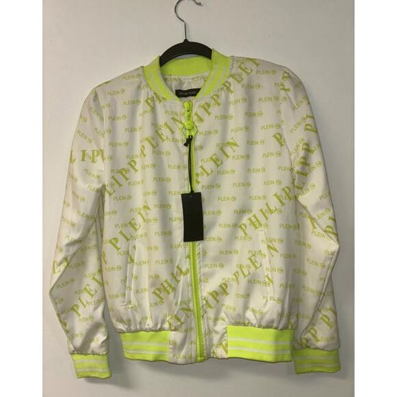 PHILIPP PLEIN Women’s Bomber JacketSz Med NWT Yellow White Logo Designer Auth